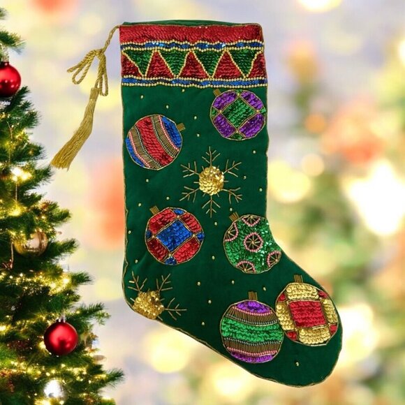 Handmade Green Velvet Christmas Stocking Sequined Ornament Applique Embroidery - Picture 1 of 4